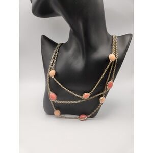 Trifari Gold Tone Multi Strand Layered Necklace Coral Peach Cabochon Stones